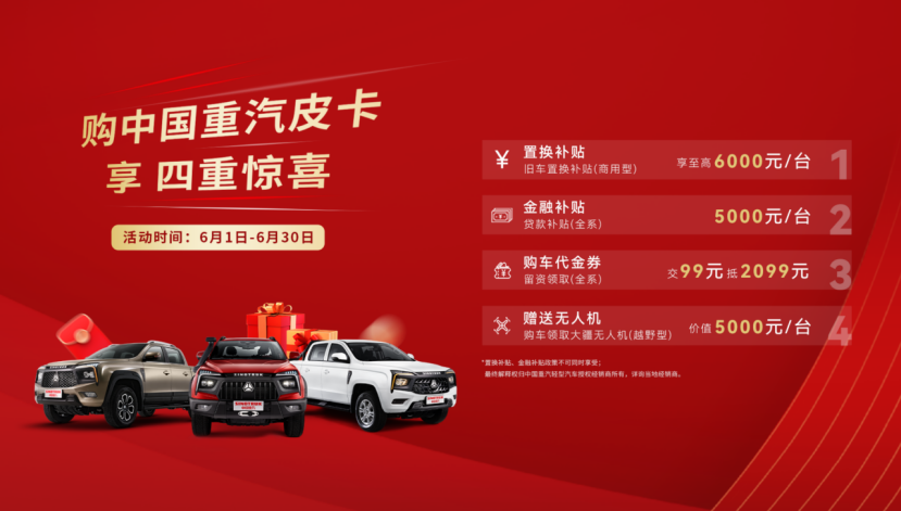 四重驚喜限時享，中國重汽皮卡6月鉅惠活動火熱進行中